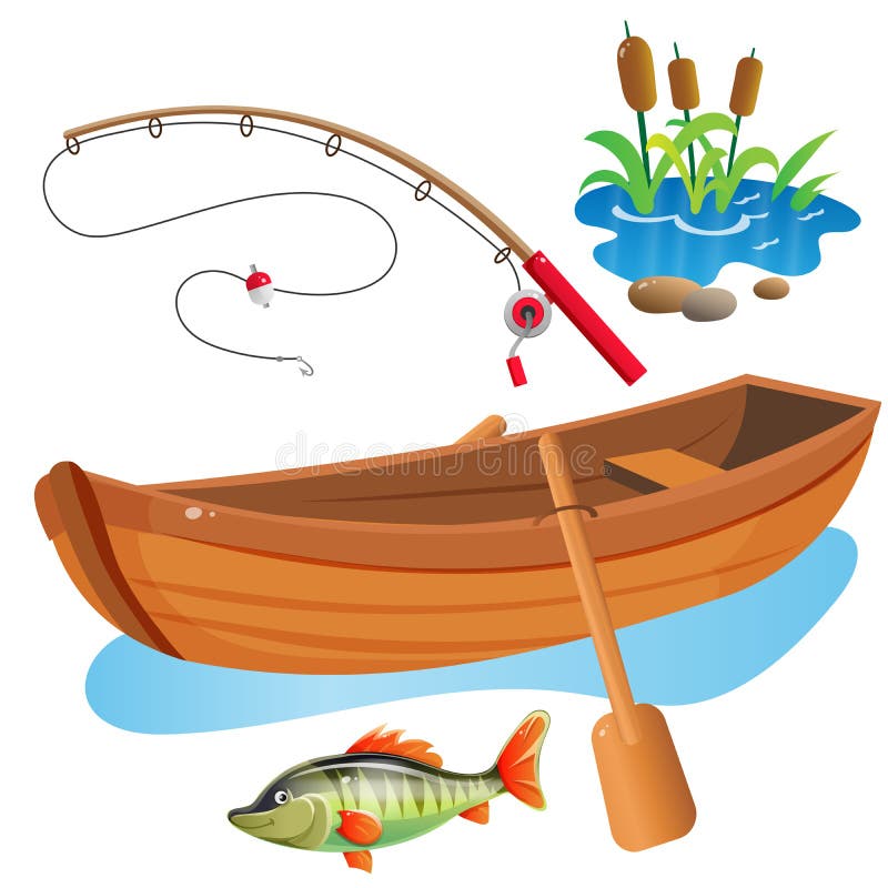 Immagini a colori di una vignetta con paglia, canna da pesca e pesce grosso su fondo bianco Hobby e pesca Illustrazione vettorial