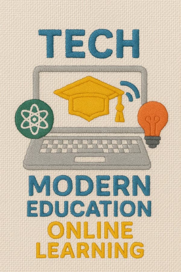 Immagini di un'educazione digitale ricamata con simboli della capsula di graduazione del notebook e della lampadina nelle aree in illustrazione di stock