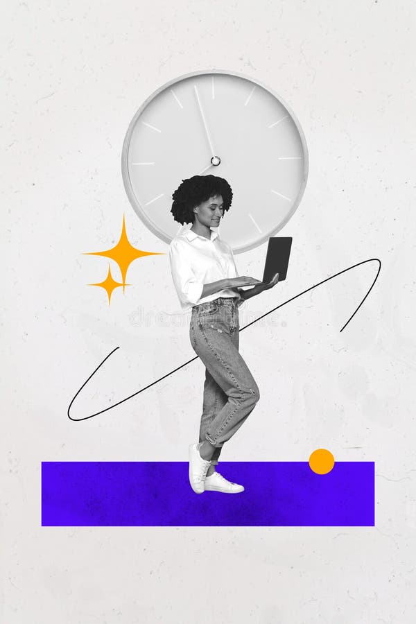 Immagini esclusive collage verticale di foto dell'imprenditrice felice stand office clock scadenzario limite sviluppo carriera fotografia stock libera da diritti