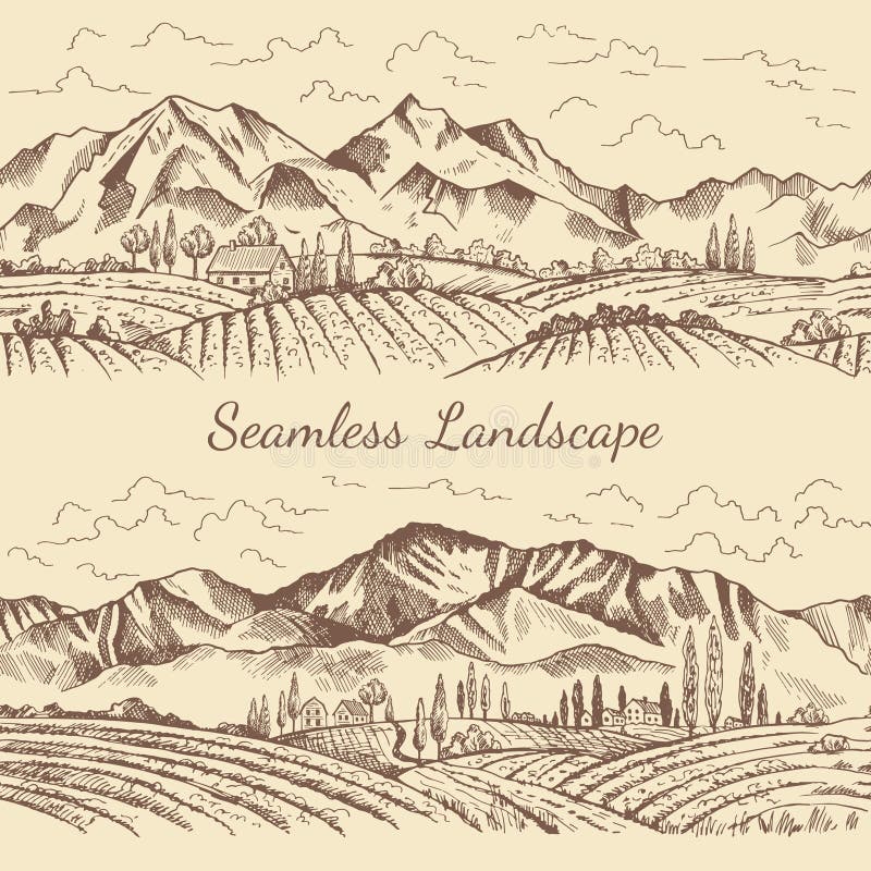 Seamless pictures of nature landscape. Vineyard or countryside illustrations. Vector vineyard and mountain, nature field countryside. Seamless pictures of nature landscape. Vineyard or countryside illustrations. Vector vineyard and mountain, nature field countryside