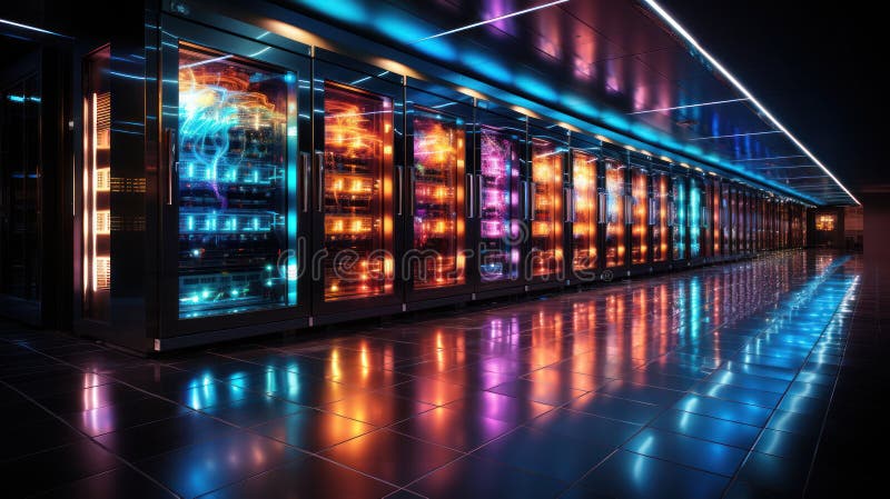 Immergersi nel mondo dinamico della tecnologia con un'occhiata in una sala server del centro dati. la stanza è una sinfonia di colori piena di file di rack server che mostrano la bellezza astratta della tecnologia supercomputer. testimonianza della convergenza dei dati e dell'innovazione. creato con l'aiuto generativo.
