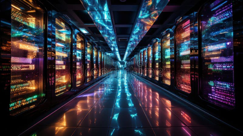 Immergersi nel mondo dinamico della tecnologia con un'occhiata in una sala server del centro dati. la stanza è una sinfonia di col illustrazione vettoriale