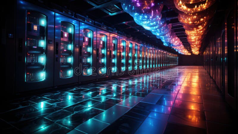 Immergersi nel mondo dinamico della tecnologia con un'occhiata in una sala server del centro dati. la stanza è una sinfonia di col royalty illustrazione gratis