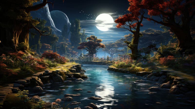 Immergersi nella tranquillità di un'oasi forestale in cui una cascata di acqua maestosa si trascina in una corrente cristallina. c illustrazione di stock