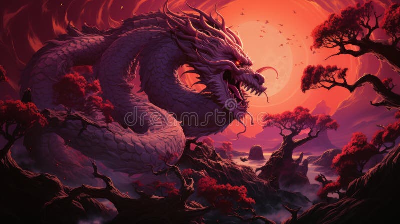 Immergersi in un incantevole album di copertstyle artwork in cui un potente drago rosso attira l'attenzione. Creato con generativo royalty illustrazione gratis