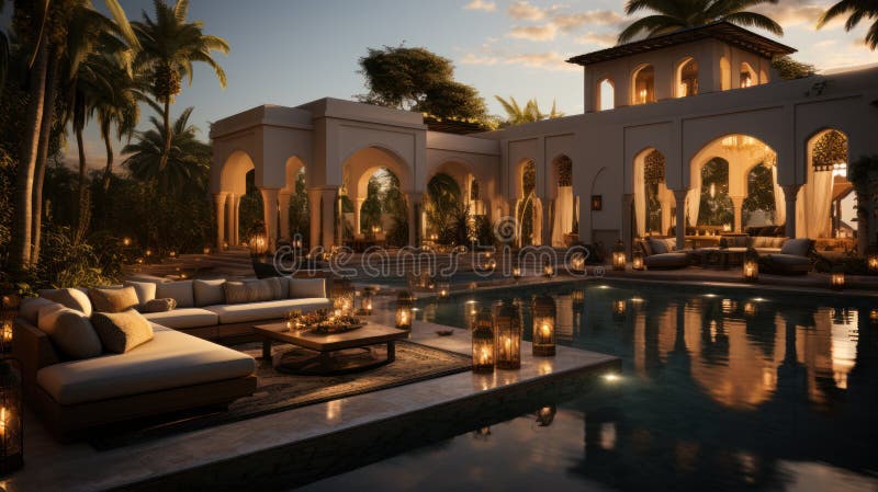 Immergersi in un viaggio in vista attraverso un moderno viale marocchino in una palma alla spiaggia al tramonto illustrazione vettoriale