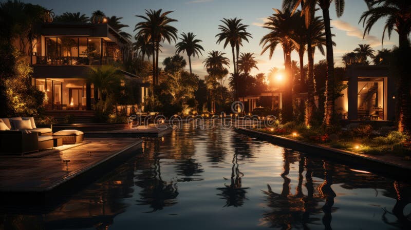 Immergersi in un viaggio in vista attraverso un moderno viale marocchino in una palma alla spiaggia al tramonto illustrazione vettoriale