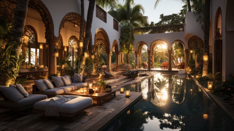 Immergersi in un viaggio in vista attraverso un moderno viale marocchino in una palma alla spiaggia al tramonto royalty illustrazione gratis