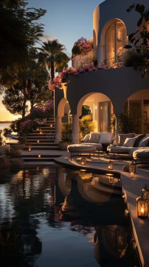 Immergersi in un viaggio in vista attraverso un moderno viale marocchino in una palma alla spiaggia al tramonto. royalty illustrazione gratis