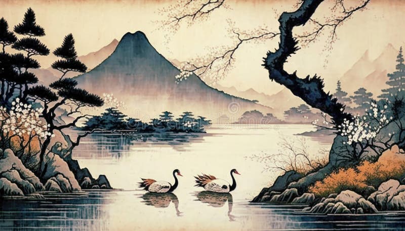 Japanese Painting - Serene Background for Wall Art and Wallpaper Stock  Illustration - Illustration of meditation, culture: 272008865