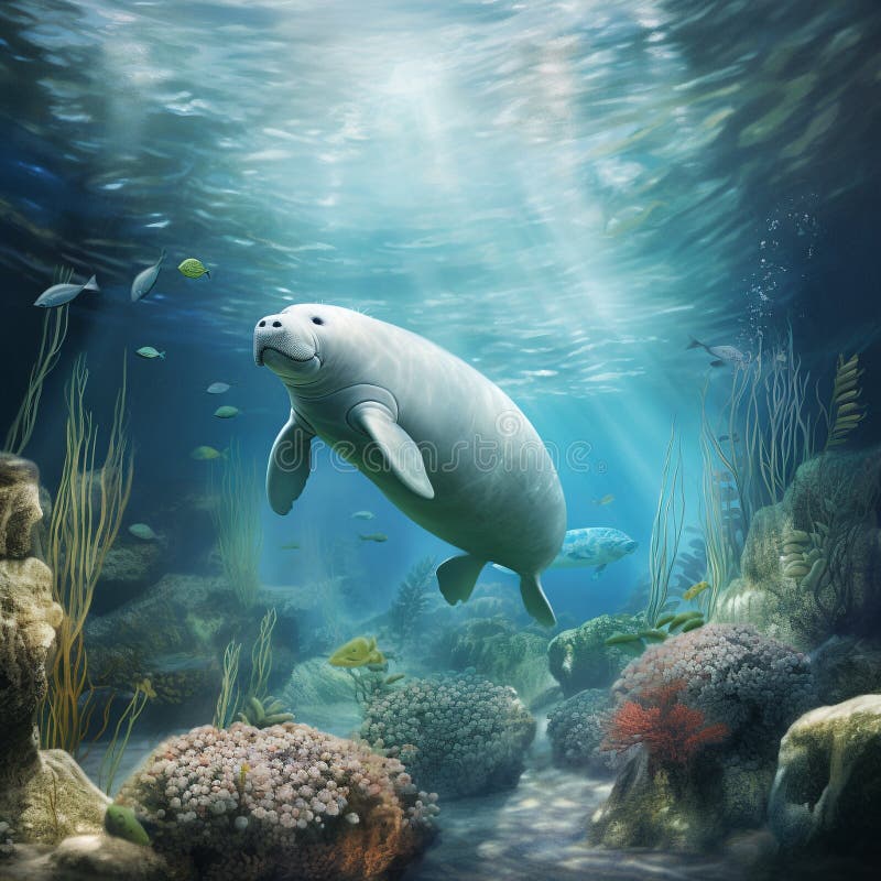 Serene underwater scene with manatees and dugongs