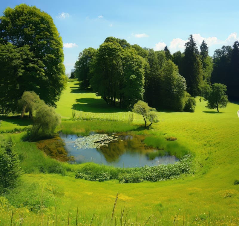 A Captivating View of a Green Field and Serene Lake royalty free illustration