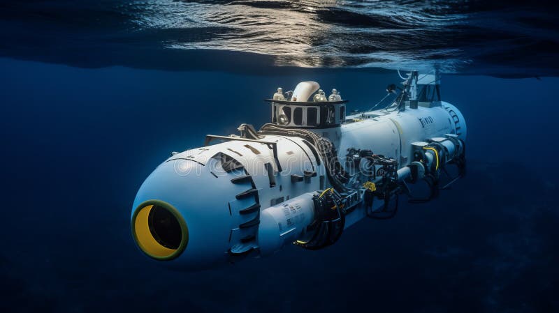 Immersione in un piccolo sottomarino di ricerca bianco illustrazione in mezzo alle acque scure. Illustrazione sottomarina di un piccolo sottomarino di ricerca bianco per immersione