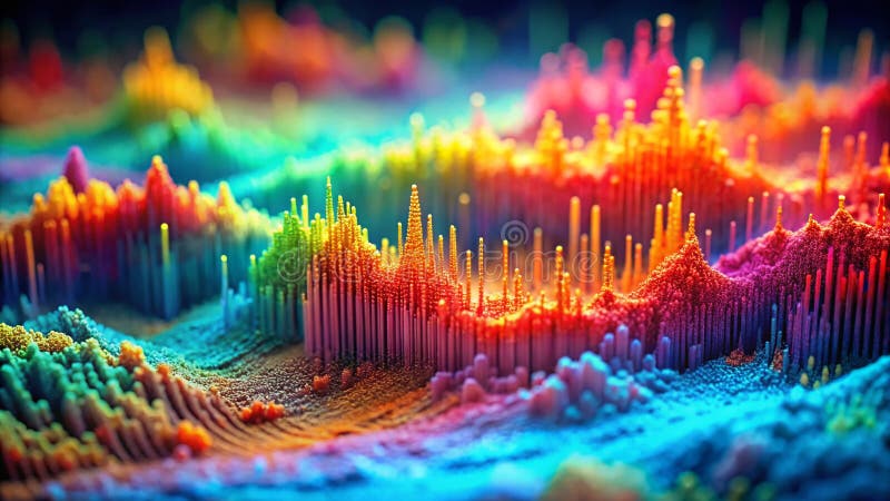 Immersive Audio Visualization A Colorful 3D Sound Wave Design with a TiltShift Miniature Effect Explore the Dynamic. Dive into the fascinating world of sonic frequencies with this captivating 3D sound wave design. The image showcases an abstract representation of music, transforming audio data into a mesmerizing visual experience. Notice how the tilt-shift miniature effect creates a unique perspective, making the sound waves appear as detailed, miniature structures. This artistic interpretation of audio data
