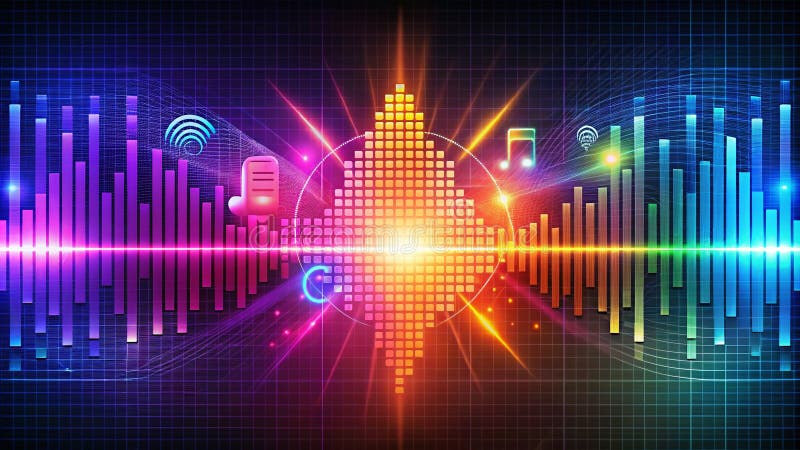 Immersive Audio Visualization Explore a Dynamic Music Streaming Interface with Intricate Soundwaves Play Controls and stock illustration