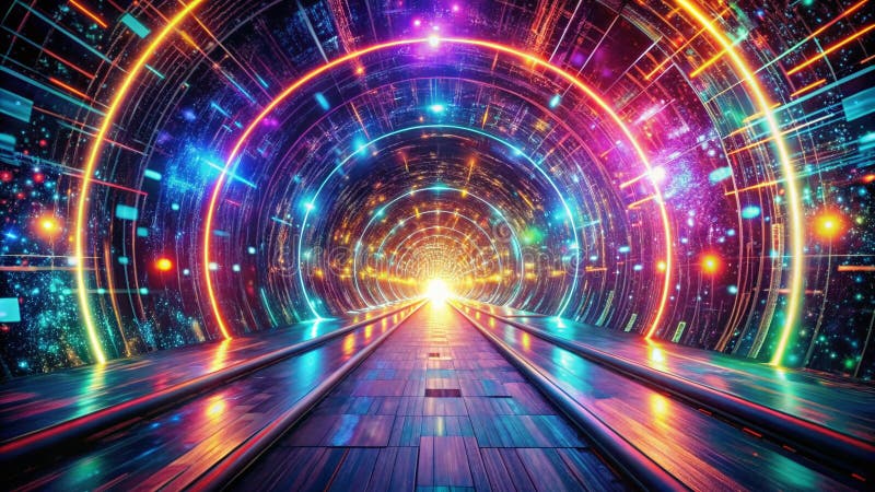 Immersive Cyberspace Tunnel A Breathtaking Digital Journey Through Illuminated Pathways Featuring Mesmerizing Particle royalty free illustration