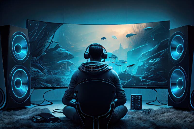 Immersive Gaming Experience with Surround Sound and High-end Computer System Stock Illustration 