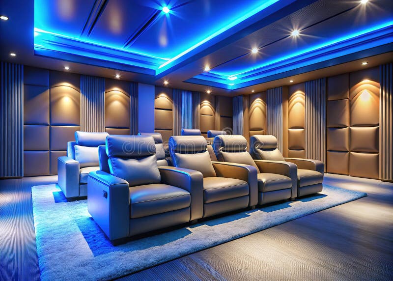 Immersive Home Cinema Doświadcz oszałamiającego, 3D TiltShift Wizualizacja luksusowego, skórzanego pokoju kinowego royalty ilustracja