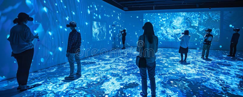 Immersive Virtual Reality Experience in a Modern Art Installation with Interactive Digital Projections vector illustration