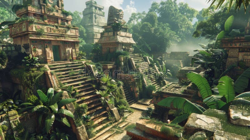 An immersive VR experience of an ancient Mayan city featuring realistic sounds and visuals of the bustling streets and stock photo