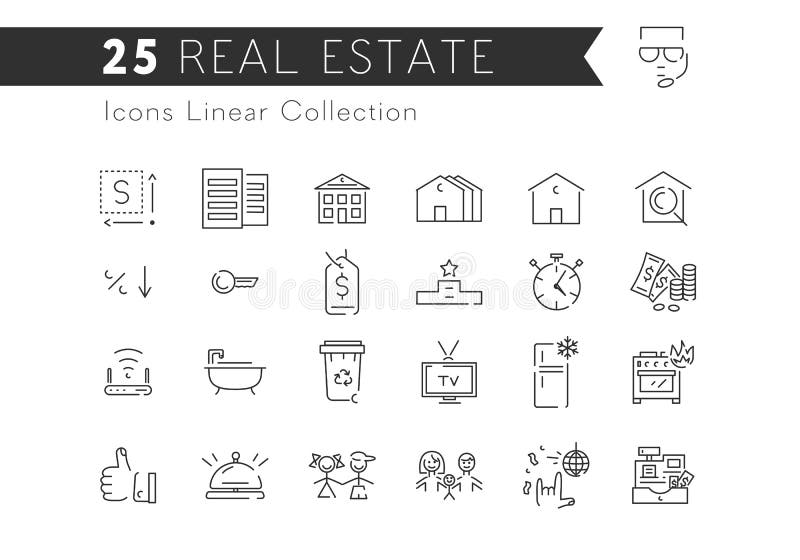 Immobilienikonensammlung, Satz mit 25 linearer dünner Ikonen Geschäft lokalisierte Symbole lizenzfreie abbildung Immobilienikonensammlung, Satz mit 25 linearer dünner Ikonen Geschäft lokalisierte Symbole lizenzfreie abbildung