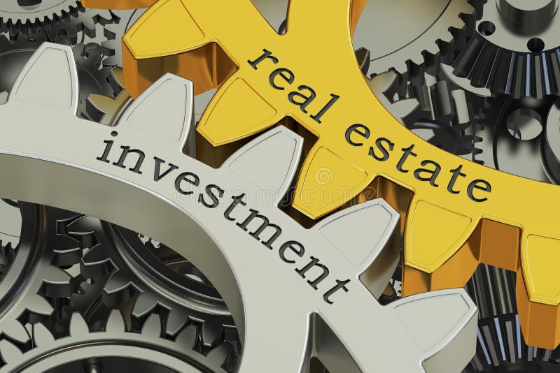 Immobilieninvestitionskonzept auf den Zahnrädern, Wiedergabe 3D stock abbildung Immobilieninvestitionskonzept auf den Zahnrädern, Wiedergabe 3D stock abbildung
