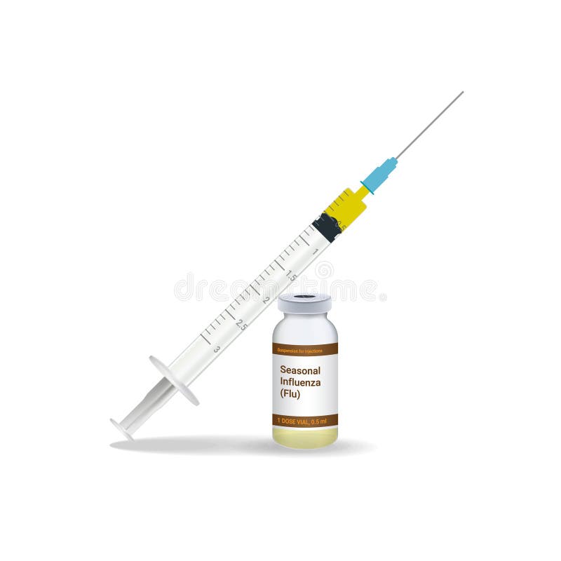 Immunizzazione, siringa del vaccino antiinfluenzale di influenza con il vaccino giallo, fondo bianco di Vial Of Medicine Isolated