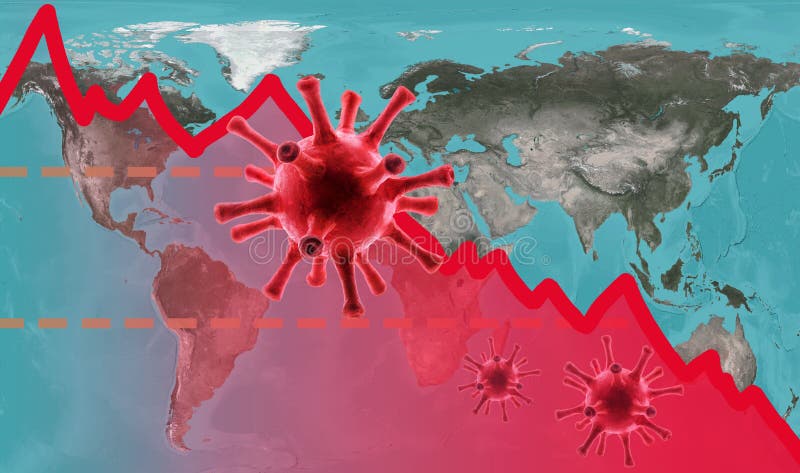 Impacto do coronavírus no gráfico de negócios da queda do mercado de ações no mapa global. crise econômica mundial provocada pelo