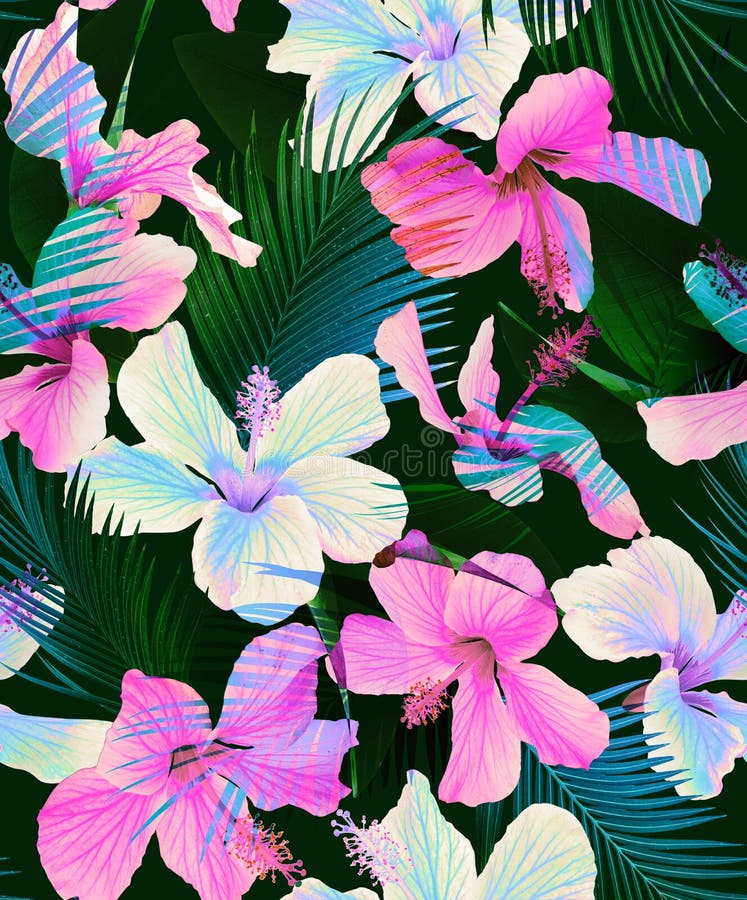 Impatto tropicale indefinito, bellissimi ibisco e foglie di palma immagine stock