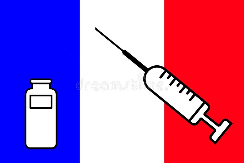 Impfstoff. Gestaltung eines Impfstoffes mit der Durchstechflasche mit der France-Flagge im Hintergrund. Horizontalgestaltung. Pock stock abbildung