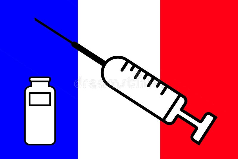 Impfstoff. Gestaltung eines Impfstoffes mit der Durchstechflasche mit der France-Flagge im Hintergrund. Horizontalgestaltung. Pocken. Affenpocken. Coronavirus. gemein. Impfstoff gegen verschiedene Viren und Infektionen. Tecovirimat