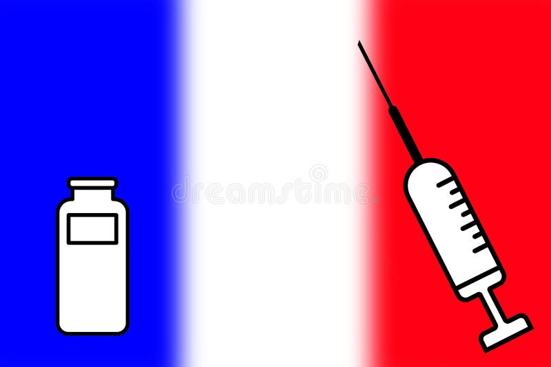 Impfstoff. Gestaltung eines Impfstoffes mit der Durchstechflasche mit der France-Flagge im Hintergrund. Horizontalgestaltung. Pock stock abbildung