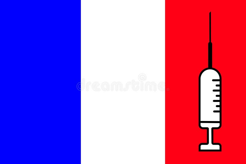 Impfstoff. Gestaltung eines Impfstoffes mit der Durchstechflasche mit der France-Flagge im Hintergrund. Horizontalgestaltung. Pock vektor abbildung
