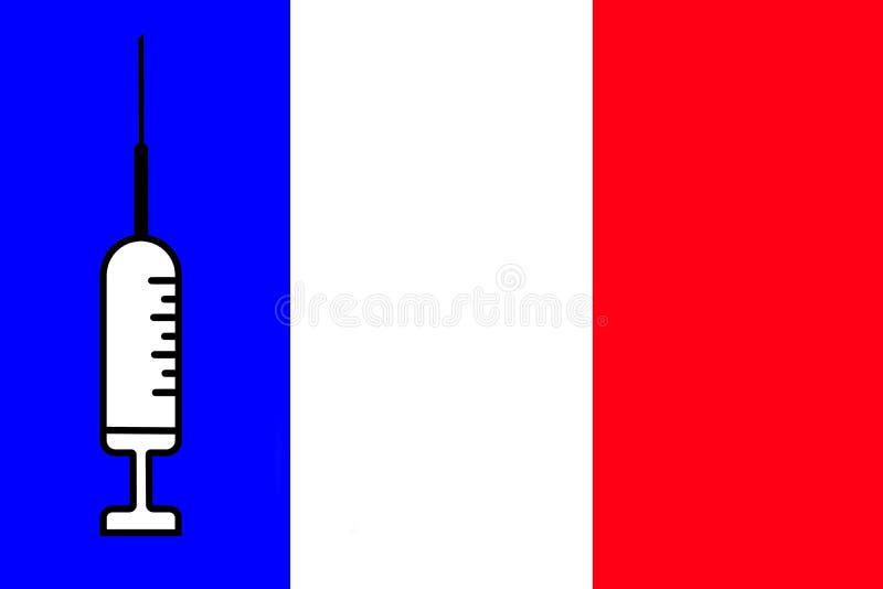 Impfstoff. Gestaltung eines Impfstoffes mit der Durchstechflasche mit der France-Flagge im Hintergrund. Horizontalgestaltung. Pock lizenzfreie abbildung