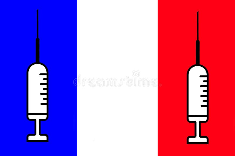 Impfstoff. Gestaltung eines Impfstoffes mit der Durchstechflasche mit der France-Flagge im Hintergrund. Horizontalgestaltung. Pock vektor abbildung