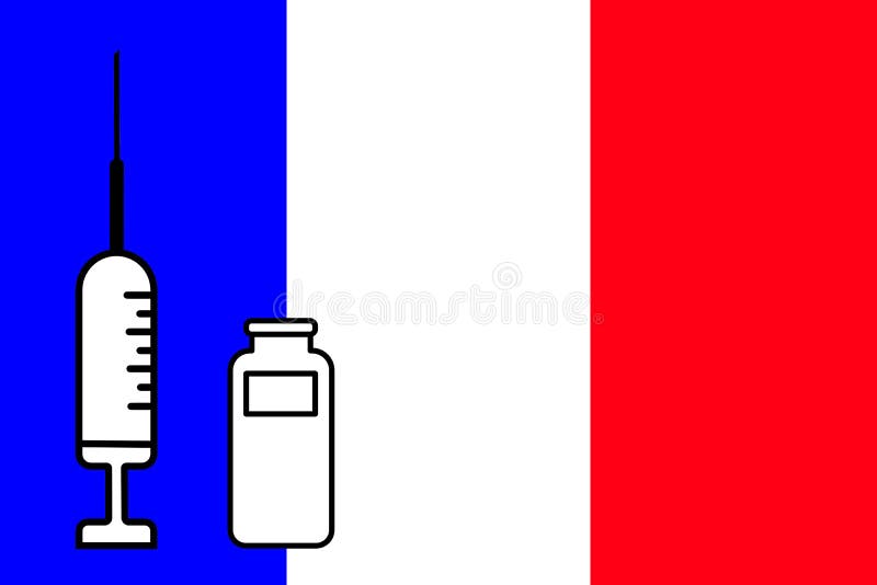 Impfstoff. Gestaltung eines Impfstoffes mit der Durchstechflasche mit der France-Flagge im Hintergrund. Horizontalgestaltung. Pock stock abbildung