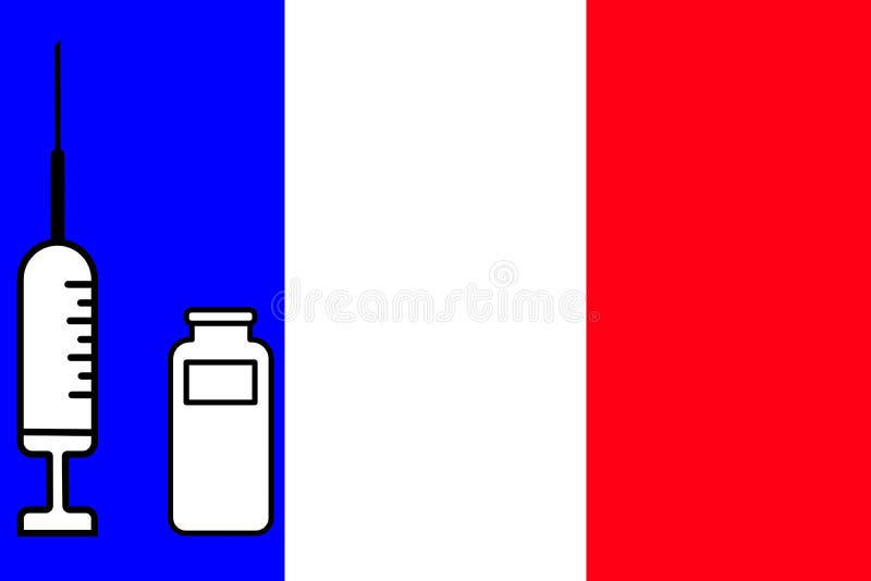 Impfstoff. Gestaltung eines Impfstoffes mit der Durchstechflasche mit der France-Flagge im Hintergrund. Horizontalgestaltung. Pock vektor abbildung