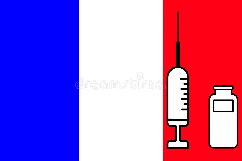 Impfstoff. Gestaltung eines Impfstoffes mit der Durchstechflasche mit der France-Flagge im Hintergrund. Horizontalgestaltung. Pock lizenzfreie abbildung