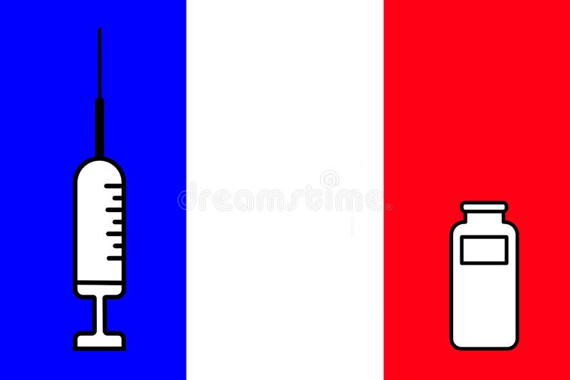 Impfstoff. Gestaltung eines Impfstoffes mit der Durchstechflasche mit der France-Flagge im Hintergrund. Horizontalgestaltung. Pock vektor abbildung