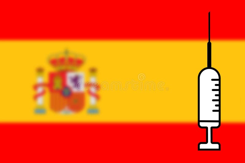 Impfstoff. Gestaltung eines Impfstoffes mit der Durchstechflasche mit der Spain-Fahne im Hintergrund. Horizontalgestaltung. Pocken vektor abbildung