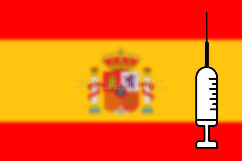 Impfstoff. Gestaltung eines Impfstoffes mit der Durchstechflasche mit der Spain-Fahne im Hintergrund. Horizontalgestaltung. Pocken lizenzfreie abbildung
