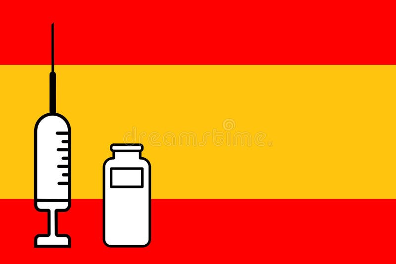 Impfstoff. Gestaltung eines Impfstoffes mit der Durchstechflasche mit der Spain-Fahne im Hintergrund. Horizontalgestaltung. Pocken stock abbildung
