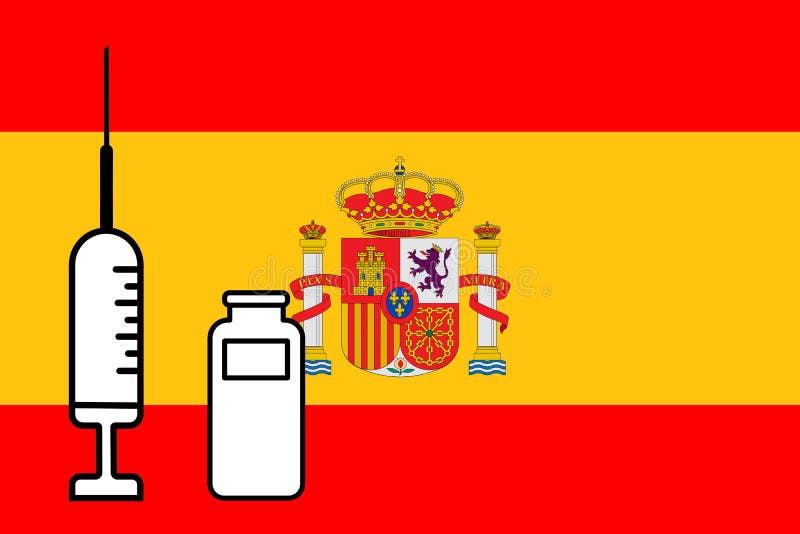 Impfstoff. Gestaltung eines Impfstoffes mit der Durchstechflasche mit der Spain-Fahne im Hintergrund. Horizontalgestaltung. Pocken vektor abbildung