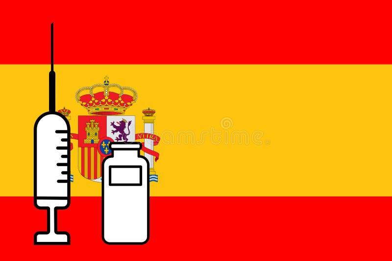 Impfstoff. Gestaltung eines Impfstoffes mit der Durchstechflasche mit der Spain-Fahne im Hintergrund. Horizontalgestaltung. Pocken vektor abbildung