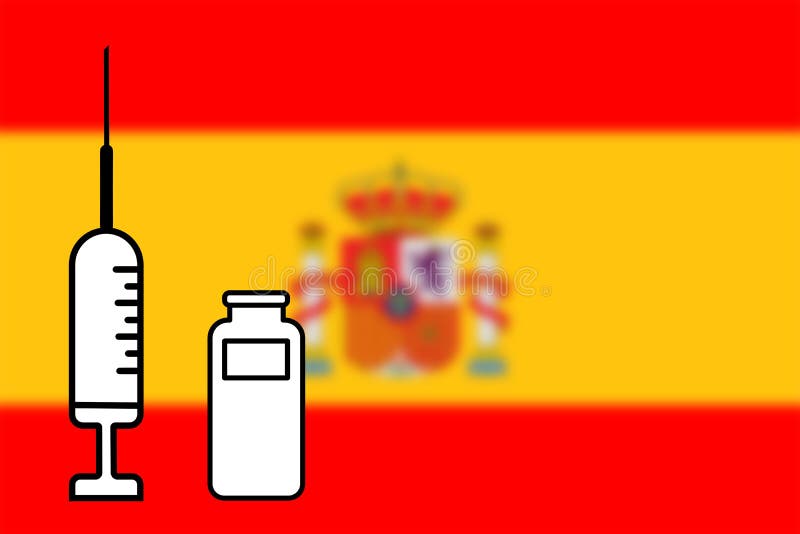 Impfstoff. Gestaltung eines Impfstoffes mit der Durchstechflasche mit der Spain-Fahne im Hintergrund. Horizontalgestaltung. Pocken lizenzfreie abbildung