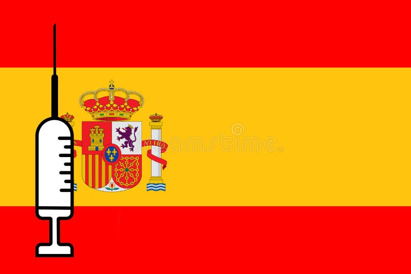 Impfstoff. Gestaltung eines Impfstoffes mit der Durchstechflasche mit der Spain-Fahne im Hintergrund. Horizontalgestaltung. Pocken lizenzfreie abbildung