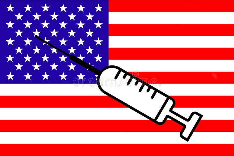 Impfstoff. Gestaltung eines Impfstoffes mit der Durchstechflasche und der Flagge der Vereinigten Staaten im Hintergrund. Horizonta stock abbildung