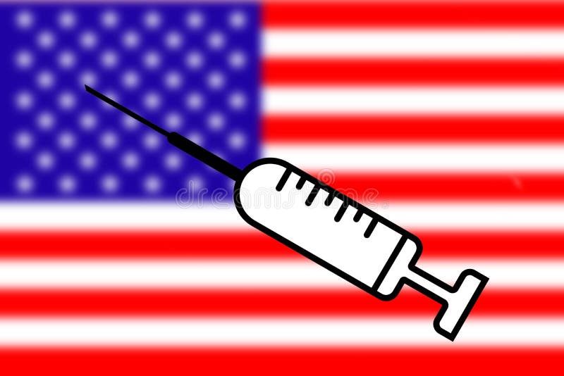 Impfstoff. Gestaltung eines Impfstoffes mit der Durchstechflasche und der Flagge der Vereinigten Staaten im Hintergrund. Horizonta vektor abbildung