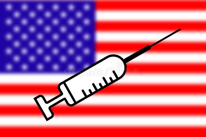 Impfstoff. Gestaltung eines Impfstoffes mit der Durchstechflasche und der Flagge der Vereinigten Staaten im Hintergrund. Horizonta stock abbildung