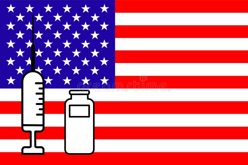 Impfstoff. Gestaltung eines Impfstoffes mit der Durchstechflasche und der Flagge der Vereinigten Staaten im Hintergrund. Horizonta vektor abbildung